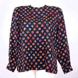 Ann‎ May Womens Large Black Multicolor Silk Geometric Abstract Jacquard Blouse